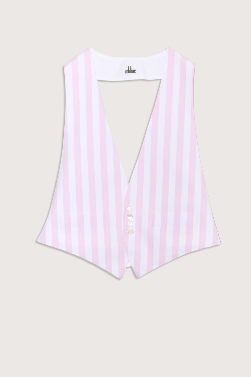 flat lay Waistcoat Cotton
Halter top style vest
Adjustable back strap
4 button front closure
pink and white vertical stripe
sleeveless
backless