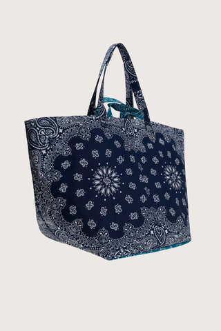 side profile Weekend Bag Navy/Petrol cotton bandana with long and short handles