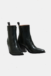 angled profile Western Leather Boot Verde green with pull tabs, flame cutouts and bevelled heel 
