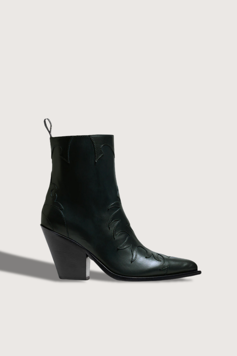 side profile Western Leather Boot Verde green with pull tabs, flame cutouts and bevelled heel 