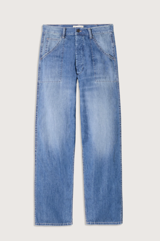 flat lay Whitney Denim Pant delancey medium wash Japanese non-stretch light-weight denim
Relaxed from waist through leg
Sit low on hips
Elongated inseam
Full break
Patch pockets at back
Stitch-thru pockets at front