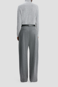 back profile model wearing Wide Leg Trouser grey melange Fluid cashmere jersey wide leg trouser with pleating detail High rise Wide leg Side pockets