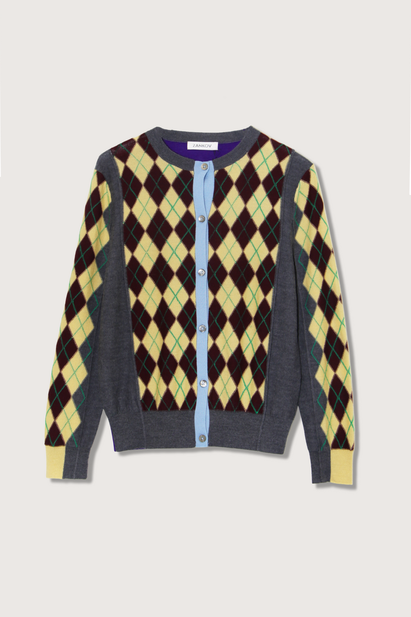 flat lay  William Argyle Cardigan wool long sleeve crewneck