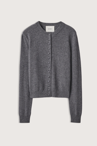 flat lay  Wilona Cardigan Graphite 100% cashmere Mid-weight, plain knit 
Close fit
Hip-length silhouette
Round neck
Full-length sleeves
Tonal cashmere-covered buttons