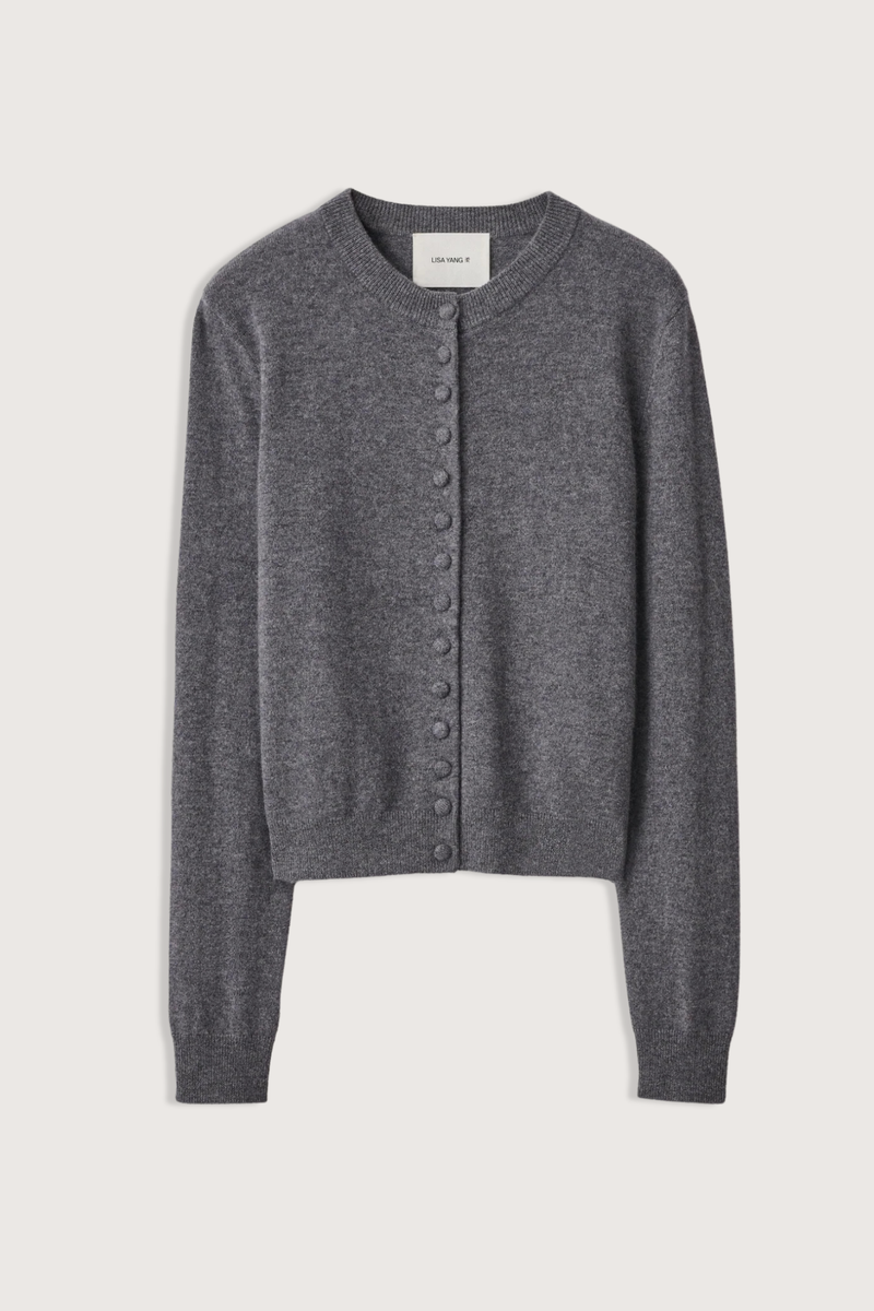 flat lay  Wilona Cardigan Graphite 100% cashmere Mid-weight, plain knit 
Close fit
Hip-length silhouette
Round neck
Full-length sleeves
Tonal cashmere-covered buttons