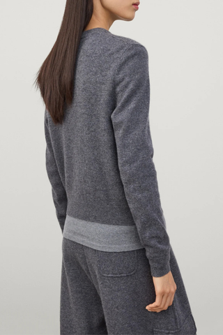 back profile model wearing Wilona Cardigan Graphite 100% cashmere Mid-weight, plain knit 
Close fit
Hip-length silhouette
Round neck
Full-length sleeves
Tonal cashmere-covered buttons