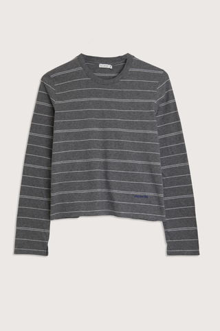 flat lay Wynn Long Sleeve Stripe T-Shirt Heather Grey Long sleeve t-shirt
Relaxed boxy fit
Subtle cropped length
Custom drawn stripe
Roomy sleeves
Slight taper at waist