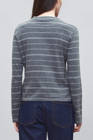 back profile model wearing Wynn Long Sleeve Stripe T-Shirt Heather Grey Long sleeve t-shirt
Relaxed boxy fit
Subtle cropped length
Custom drawn stripe
Roomy sleeves
Slight taper at waist