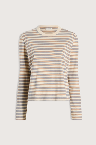 flat lay Wynn Long Sleeve Stripe T- Shirt Apricot Stripe 
Relaxed boxy fit
Subtle cropped length
Roomy sleeves
Slight taper at waist
Shifted side seams give a tailored look
Solid binding at neckline
Subtle tonal logo embroidery at hip
100% Cotton
