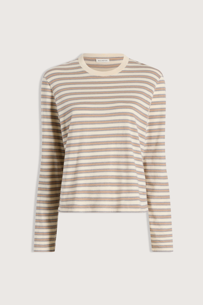 flat lay Wynn Long Sleeve Stripe T- Shirt Apricot Stripe 
Relaxed boxy fit
Subtle cropped length
Roomy sleeves
Slight taper at waist
Shifted side seams give a tailored look
Solid binding at neckline
Subtle tonal logo embroidery at hip
100% Cotton