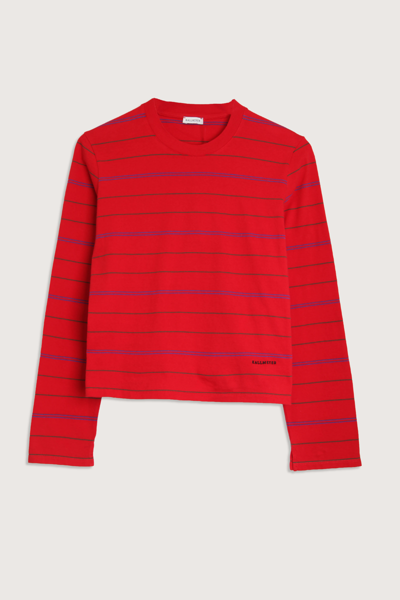 flat lay Wynn Long Sleeve Stripe T- Shirt Crimson cotton Long sleeve t-shirt
Relaxed boxy fit
Subtle cropped length
Custom drawn stripe
Roomy sleeves
Slight taper at waist