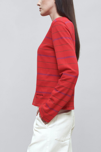 side profile model wearing Wynn Long Sleeve Stripe T- Shirt Crimson cotton Long sleeve t-shirt
Relaxed boxy fit
Subtle cropped length
Custom drawn stripe
Roomy sleeves
Slight taper at waist