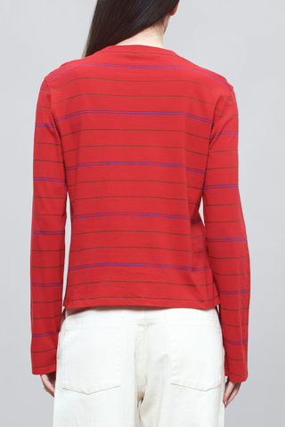 back profile model wearing Wynn Long Sleeve Stripe T- Shirt Crimson cotton Long sleeve t-shirt
Relaxed boxy fit
Subtle cropped length
Custom drawn stripe
Roomy sleeves
Slight taper at waist