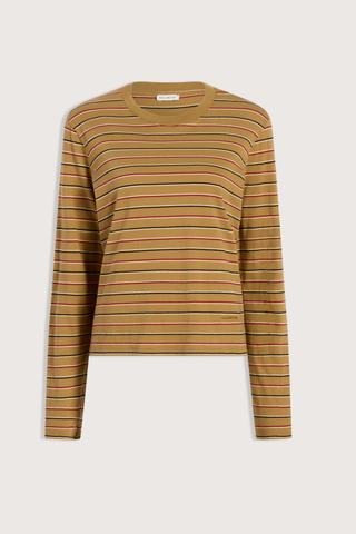 flat lay Wynn Long Sleeve Stripe Tee Camel Stripe Long sleeve t-shirt
Relaxed boxy fit
Subtle cropped length
Custom drawn stripe
Roomy sleeves
Slight taper at waist
Unisex
Shifted side seams give a tailored look
Solid binding at neckline
Subtle tonal logo embroidery at hip
100% Cotton