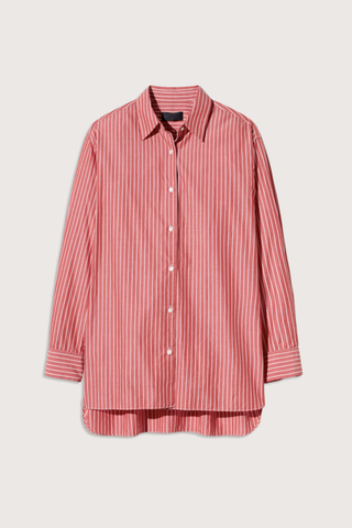 flat lay Yorke Shirt In Stripe red white stripe Oversized button down
Italian cotton poplin
Buttoned center front placket
Sleeve cuff
Exaggerated shirt-tail hem &amp; body length
Garment-dyed