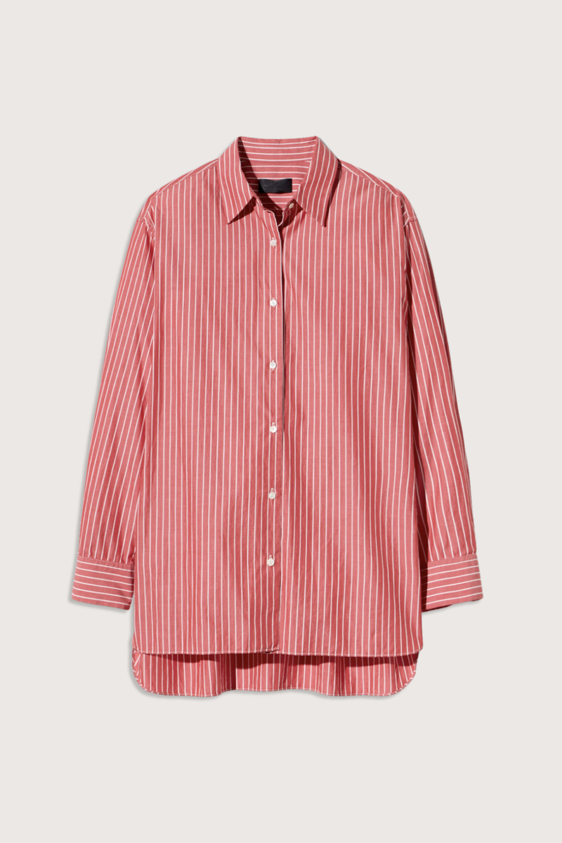 flat lay Yorke Shirt In Stripe red white stripe Oversized button down
Italian cotton poplin
Buttoned center front placket
Sleeve cuff
Exaggerated shirt-tail hem &amp; body length
Garment-dyed