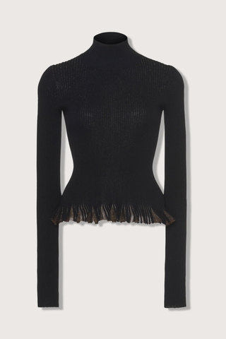 flat lay Yulia Ruffle Turtleneck Top black Ruffled hemline
Sunburst knit with black and shimmering lurex yarns
slim fit
Turtleneck
Long sleeves