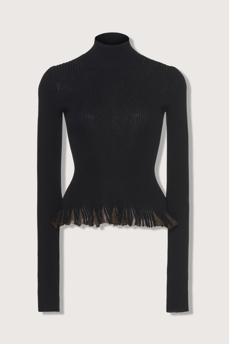 flat lay Yulia Ruffle Turtleneck Top black Ruffled hemline
Sunburst knit with black and shimmering lurex yarns
slim fit
Turtleneck
Long sleeves