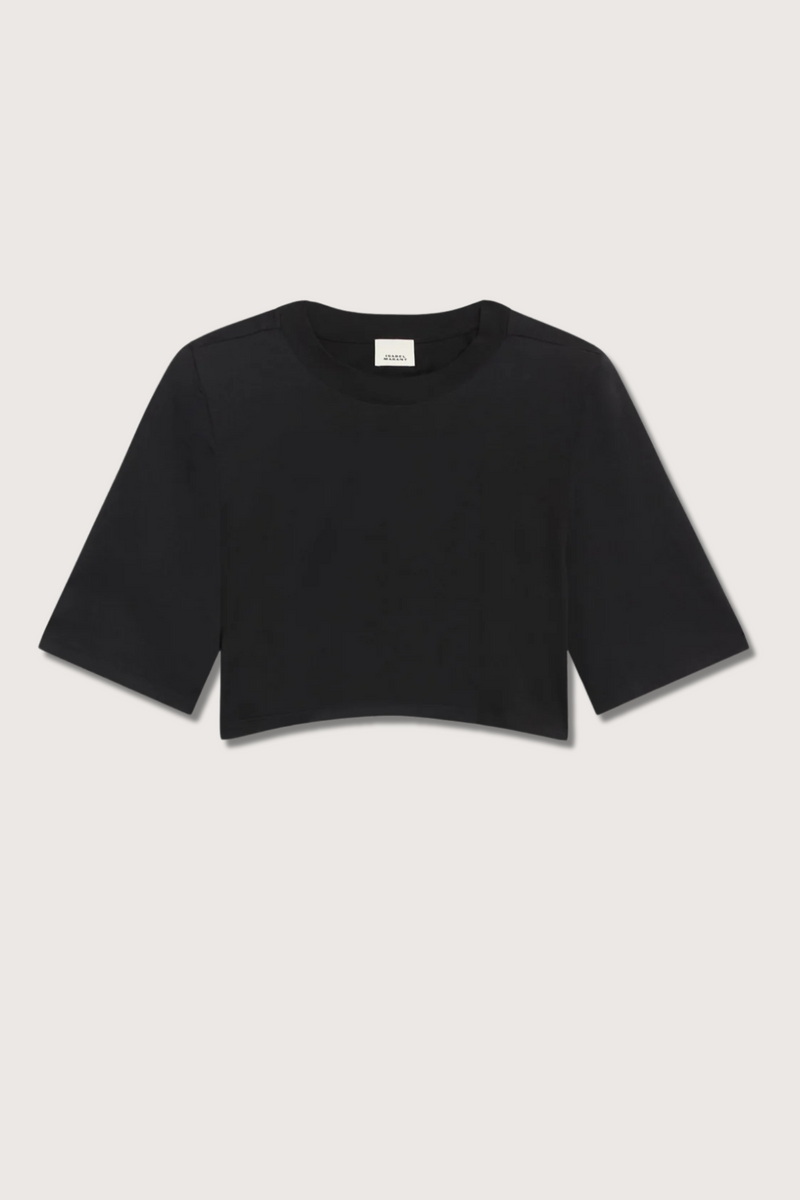 flat lay Zaely Tee Black cotton short sleeve crewneck with padded shoulder