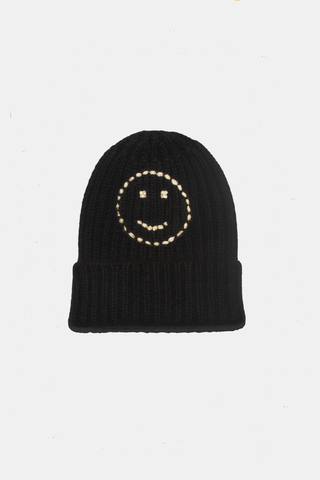 Cashmere Beanie "Happy" Black/Eco Paper