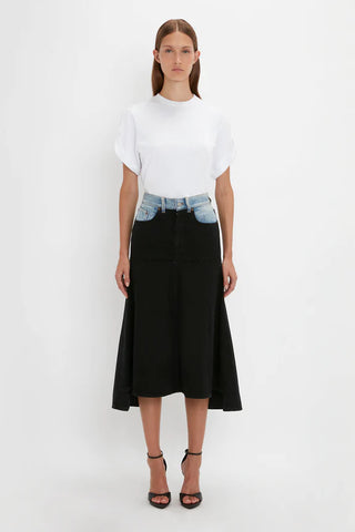 Fit & Flare Patched Denim Skirt Contrast Wash