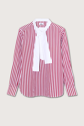 flat lay  cotton chemise shirt with tie burgundy white vertical stripe. Tailored fit
Collarless collar with attached tie
100% Cotton