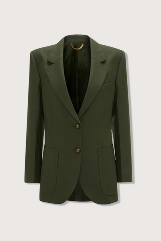 flat lay Patch Pocket Jacket oregano green single breasted two buttons two front pockets shoulder pads