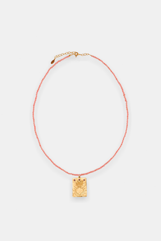 Holy Flaming Heart Charm & Pink Coral Necklace