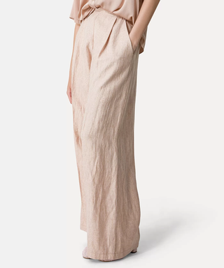 side profile model wearing Linen Lurex Micro Herringbone Pant Petalo