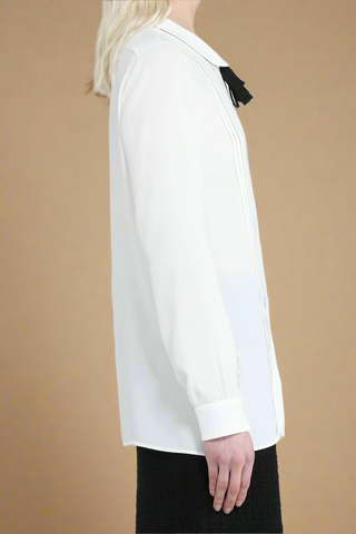 Silk L/S Shirt with Lace Trim White