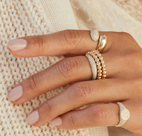 model wearing Gold Ball Stack Ring 14k gold