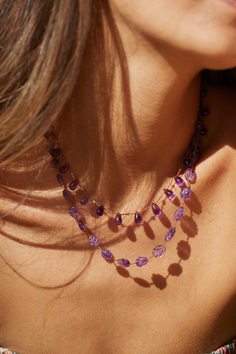 model wearing Niilo Amethyst Necklace with Infinity' 14k gold-filled clasp