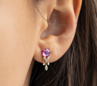 model wearing Pink Tourmaline & Diamonds Jelly Fish Earring (Single) dangle detail 14k gold
