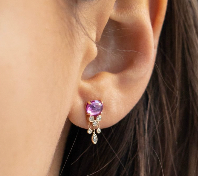 model wearing Pink Tourmaline & Diamonds Jelly Fish Earring (Single) dangle detail 14k gold