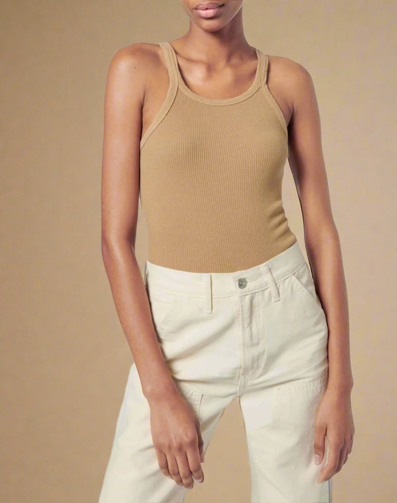 front profile model wearing Ribbed Tank Sand cotton