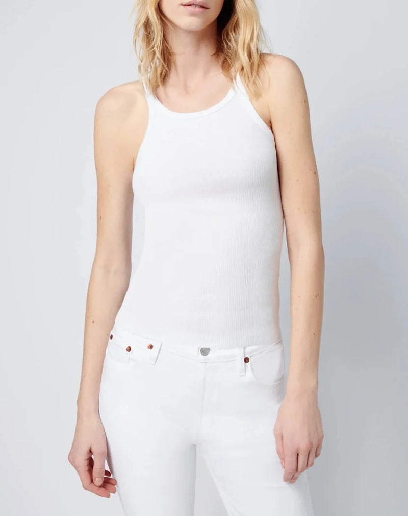 front profile model wearing Ribbed cotton Tank White 