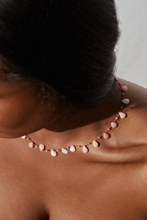 model wearing Rosemead Pink Opal Necklace with Infinity" clasp 14k gold-filled