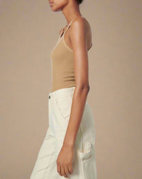 side profile model wearing Ribbed Tank Sand cotton